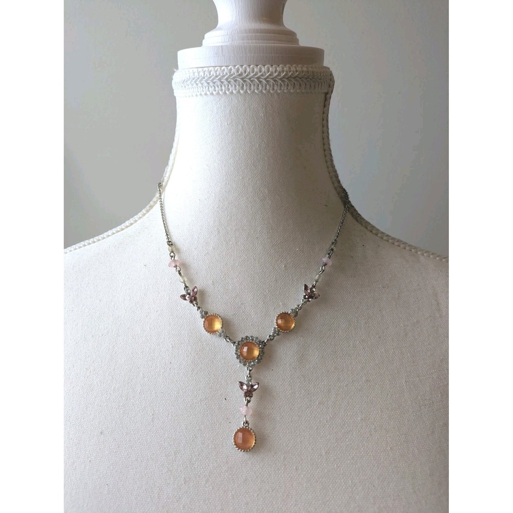 Romantic Y Drop Necklace Rhinestones Pinks & Oranges Whimsical Fairy Dainty